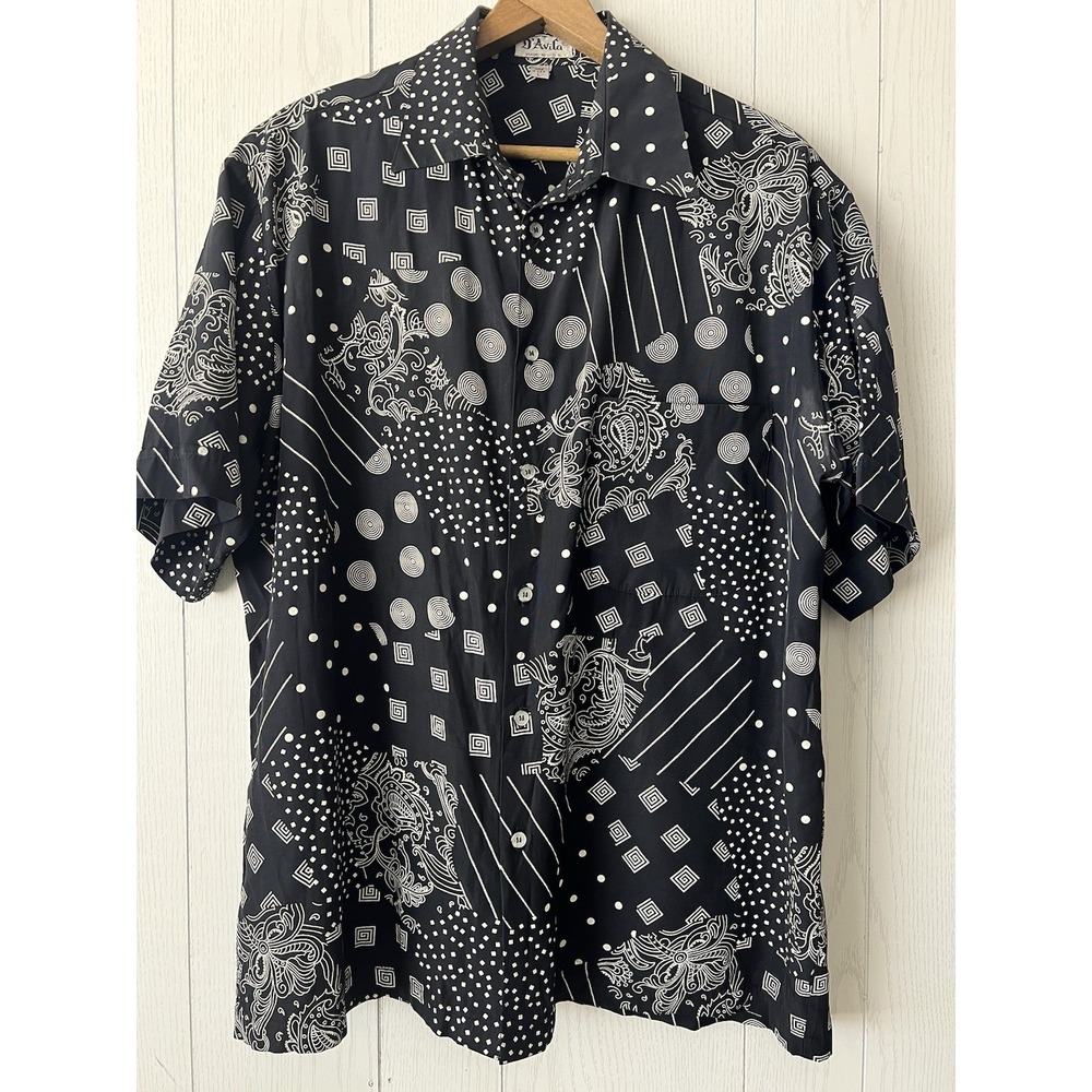 Vtg D'Avila Retro Dad‎ Cool Shirt Black & Cream Button Down Shirt Sleeve L/XL